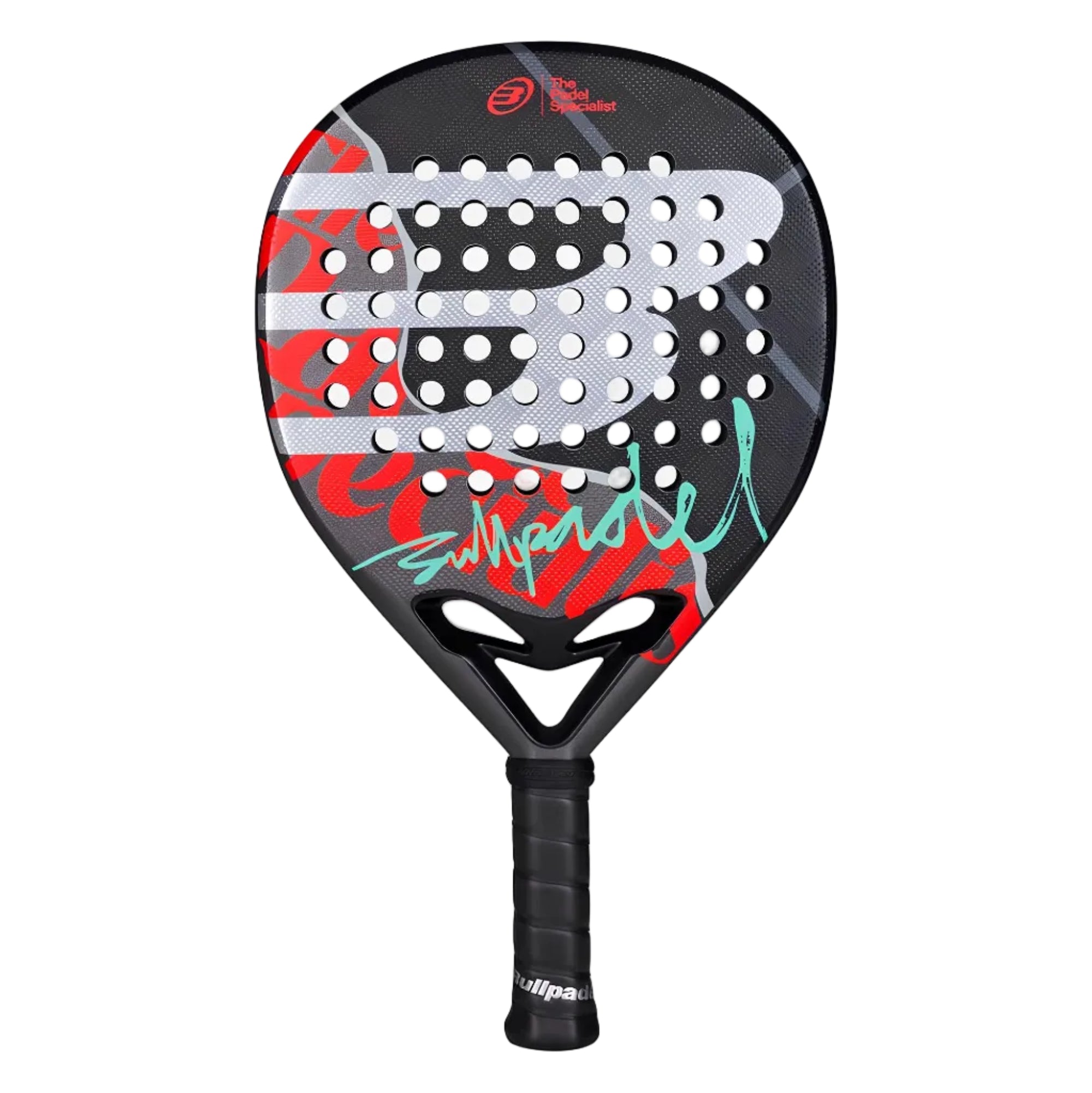 Pickleball paddle with red, black, and gray design on a white background