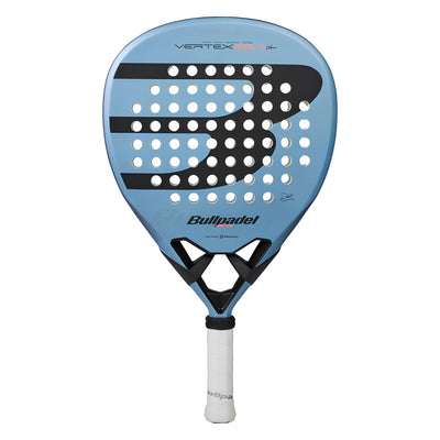 Blue and black Bullpadel paddle racket on a white background